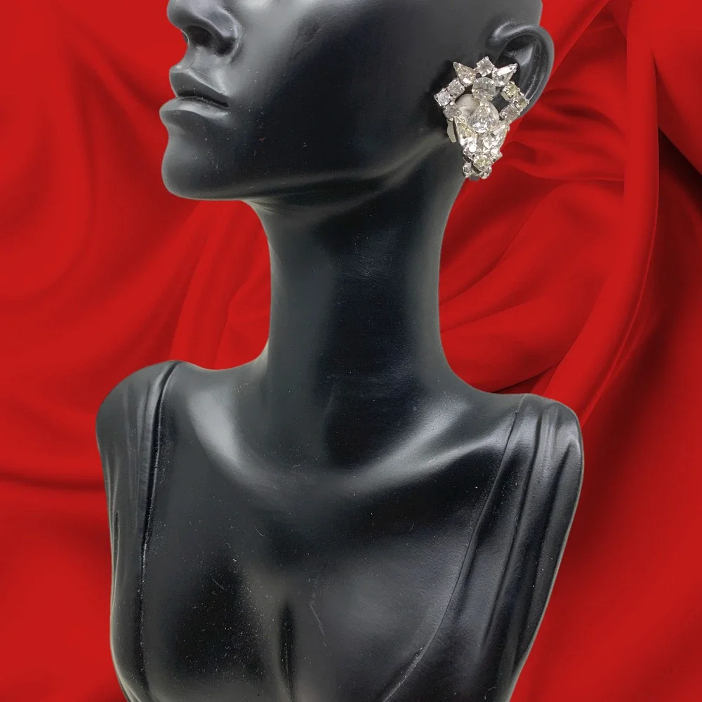 Vintage 1960's Art Deco Crystal Earrings Clip On Runway Couture Carded